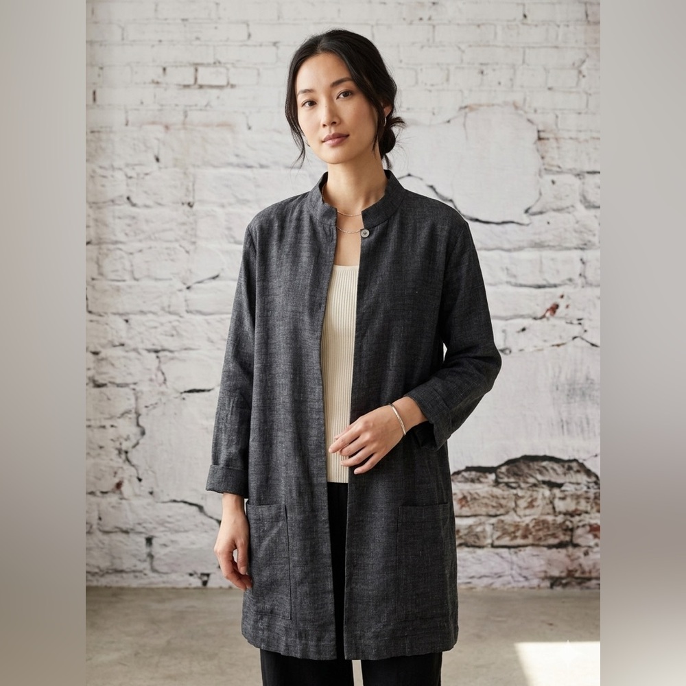Eileen Fisher‎ Stand Linen Blend One Button Dark Gray Long Top Overcoat Cardigan